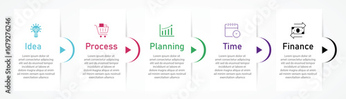 Business data visualization on white geometric shape with icon | Infographic business process diagram with 5 steps or options arrow indicator and half circle | Colourful vector illustration 