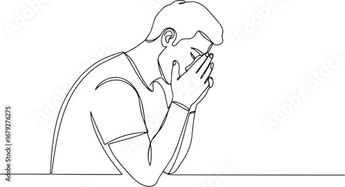 Continuous line drawing showing a man in despair, grief, and sad