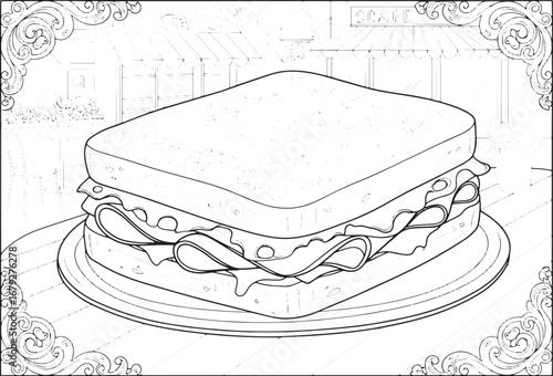 Detailed monochrome illustration of a croque monsieur sandwich w