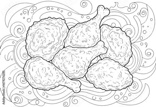 Detailed monochrome illustration of fried chicken pieces with or