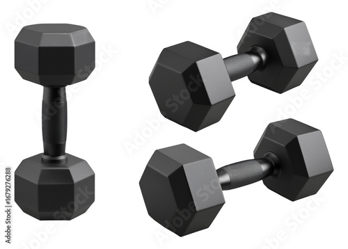 Three matte black hex dumbbells image set isolated transparent. Hexagonal weights fitness gear with metal handles cut outs photo png collection. Gym essentials cutouts elements objects