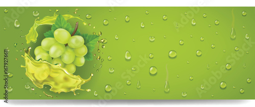 Realistic vector splash of wine or grape juice with green grapes branch on green background with drops. White grapes juice advertising