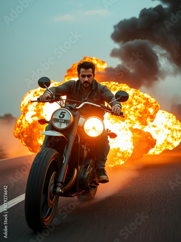 Action shot with man riding away from explosion on bike. Dynamic scene with fire in action movie blockbuster style.