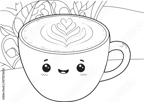 Adorable Latte Art Illustration with Kawaii Face for Coffee Love