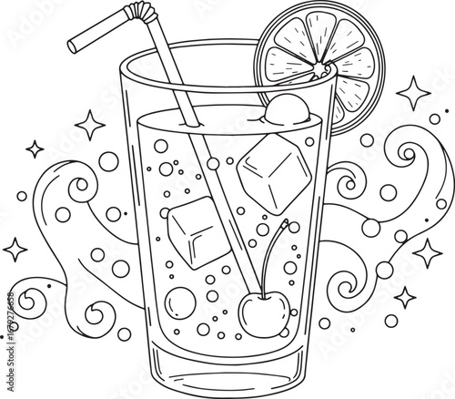 Line art illustration of a fruity summer drink with ice cubes an