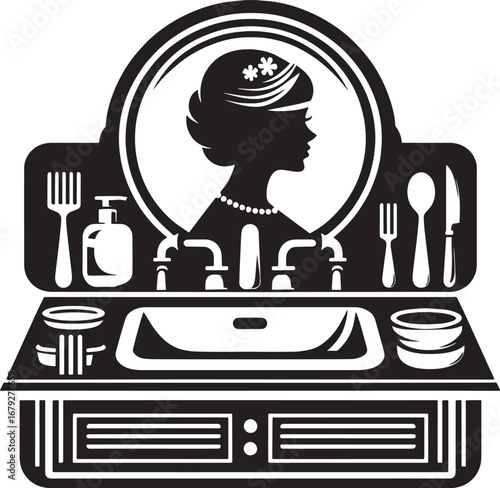 Elegant Kitchen Sink Design Featuring a Lady's Silhouette and Utensils, Black and White