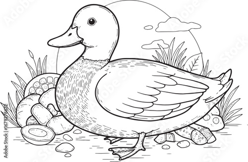 Detailed drawing of a duck surrounded by fruit and grass in mono