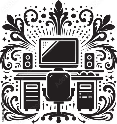 Illustration of a Home Office Setup Featuring a Computer, Desk, and Decorative Elements