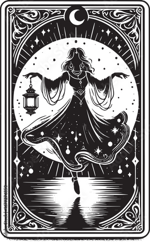 Mystical Black and White Illustration of a Dancing Woman Holding a Lantern within a Decorative Frame