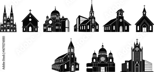 Collection of church silhouette vector icons, modern and traditional religious buildings, cathedral architecture, Christian worship places, isolated black illustrations