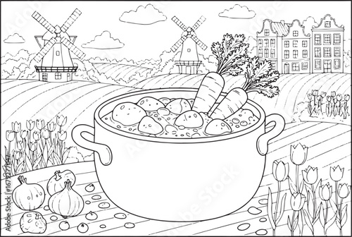 Whimsical Dutch Landscape with Hutspot Stew Pot Illustration for
