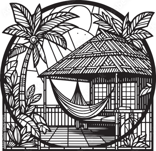 Detailed black and white illustration of a tropical beach scene with a hammock and palm trees