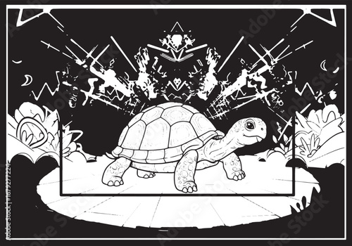 Illustrative tortoise amidst neon landscape with futuristic elem