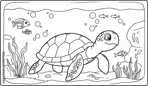 Whimsical Underwater Scene Featuring a Cartoon Turtle and Aquati