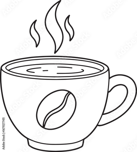 Simple Line Art Illustration of a Steaming Coffee Cup with a Cof