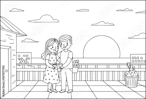 Charming cartoon couple enjoying a romantic moment on a rooftop