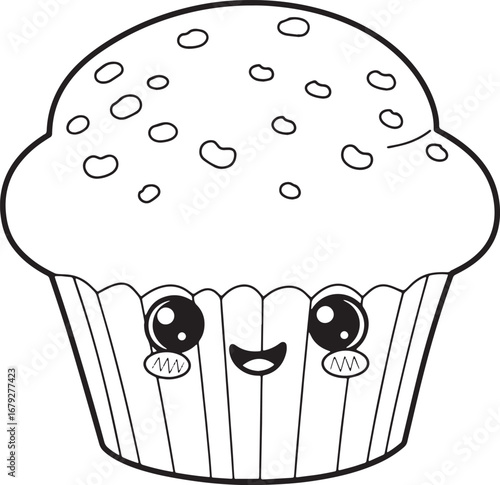 Cute kawaii cupcake line art illustration with happy face and de
