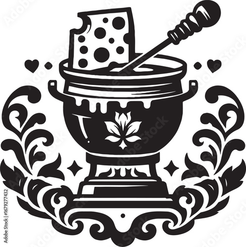 Delicious cheese fondue pot with a piece of cheese and a stirring spoon in a decorative design