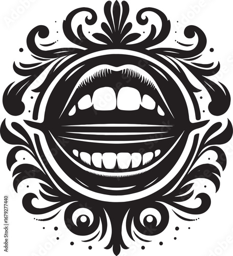 Intricate Black and White Vector Illustration of a Smiling Mouth Within an Ornamental Frame