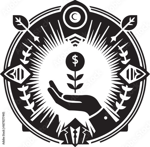 Financial Growth Symbol: Hand Nurturing Dollar Sign Plant Within a Circular Design