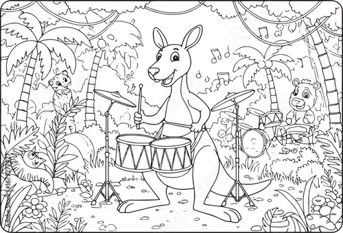 Kangaroo and other animals play drums in a jungle setting colori