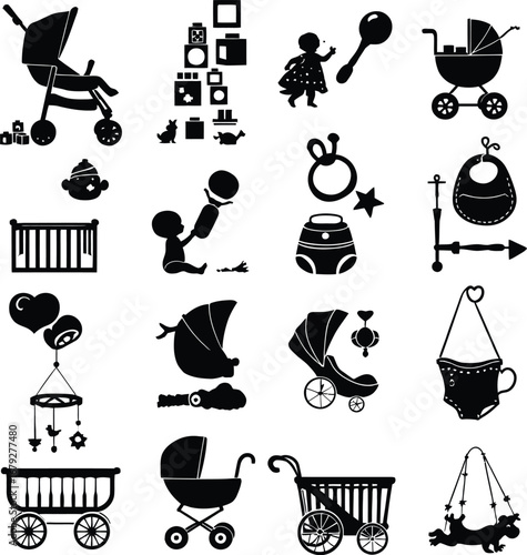 Collection of various baby related items including strollers toys and clothing in black silhouette style