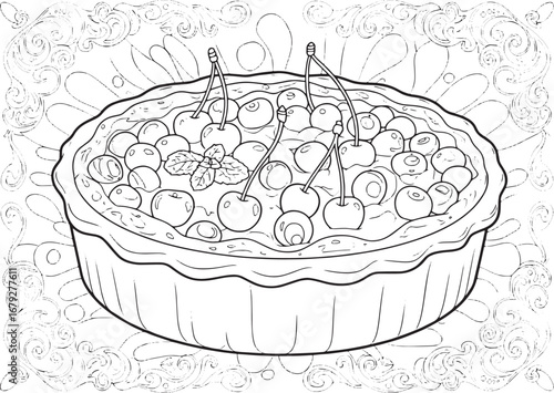 Hand Drawn Clafoutis Coloring Page with Cherries and Floral Flou