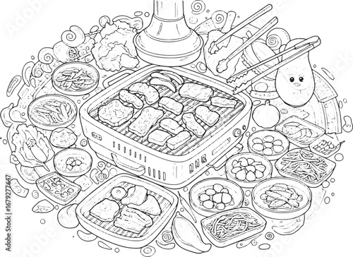 Hand-drawn Korean barbecue illustration featuring various meats