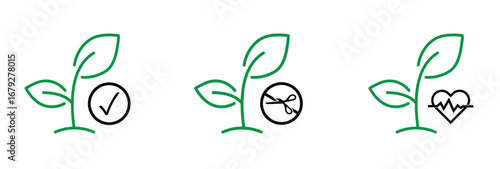 Plant growth icon creatively designed in linear style. Plant growth with tick, scissors, and heart icon. Gardening sign. Plant grow isolated icons. Leaf growth line icon set.