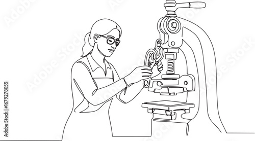 Continuous Line Illustration of a Woman Operating a Mechanical P