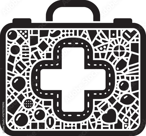 Illustrative black and white drawing of a medical kit with a cross symbol in the middle design
