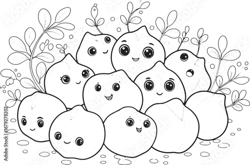 Delightful chickpeas family coloring page with botanical accents