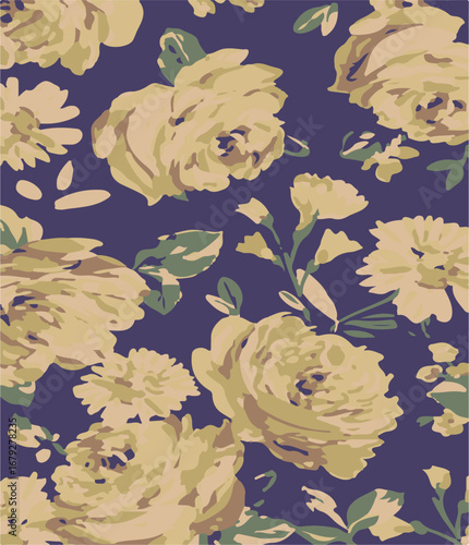 Big flowers pattern, upscale floral pattern. graphical textures floral, trendy colors pattern , flowers background with leaves. vector illustration