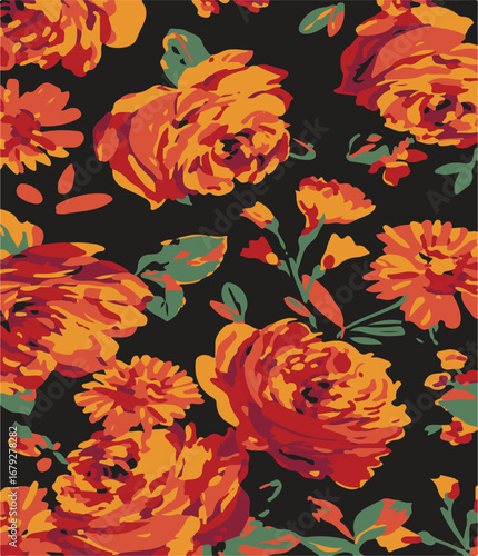 Big flowers pattern, upscale floral pattern. graphical textures floral, trendy colors pattern , flowers background with leaves. vector illustration