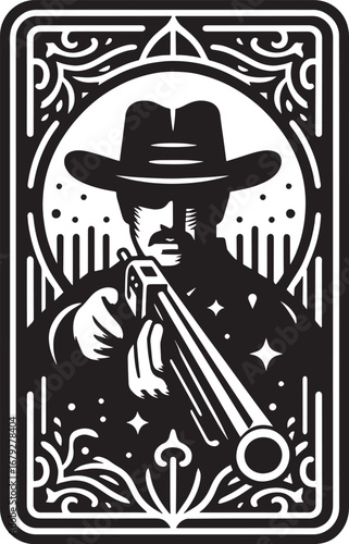 Vintage Cowboy Illustration with a Rifle in a Decorative Frame, Black and White Art