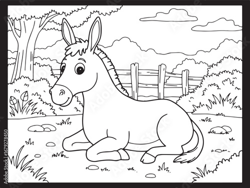 Stylized illustration of a resting mule in a pastoral scene, rea