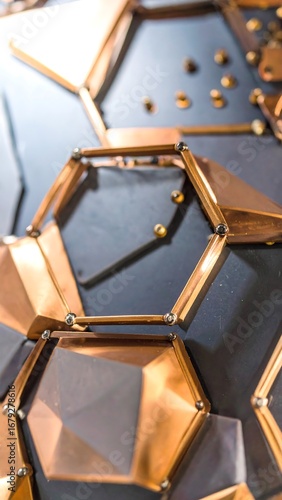 Geometric copper and gray metal panels create an intricate, modern design.
