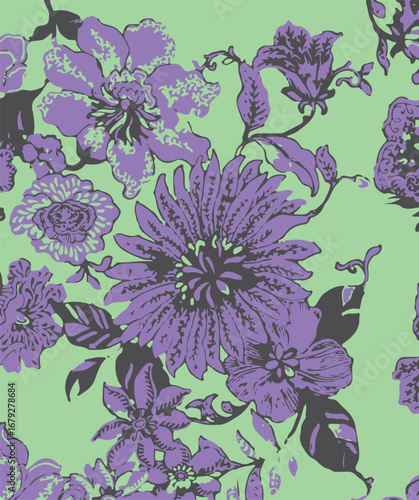 Big flowers pattern, upscale floral pattern. graphical textures floral, trendy colors pattern , flowers background with leaves. vector illustration