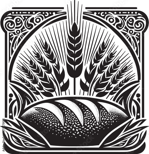 Elegant black and white illustration of wheat, bread, and decorative design elements
