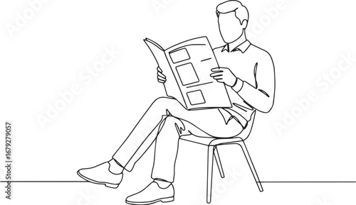 Line drawing illustration of a man sitting and reading news or m