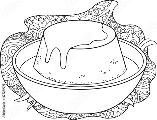 Monochrome Flan Dessert Coloring Page with Intricate Decorative