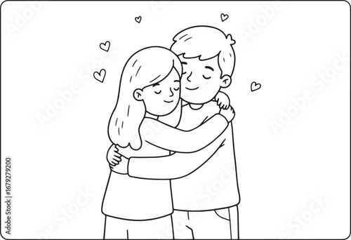 Lovely monochrome illustration of couple embracing with hearts f