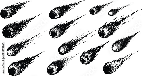 Collection of detailed black and white meteor, comet, fireball, space, astronomy, cosmic, burning, blazing, sketch, illustration, vector set.