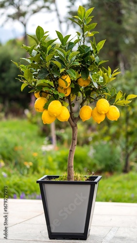 A charming lemon tree, laden with ripe citrus fruits, sits in a stylish gray planter outdoors.