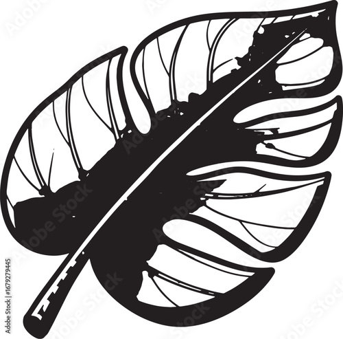 Stylized golden monstera leaf with bold outline creating isolate