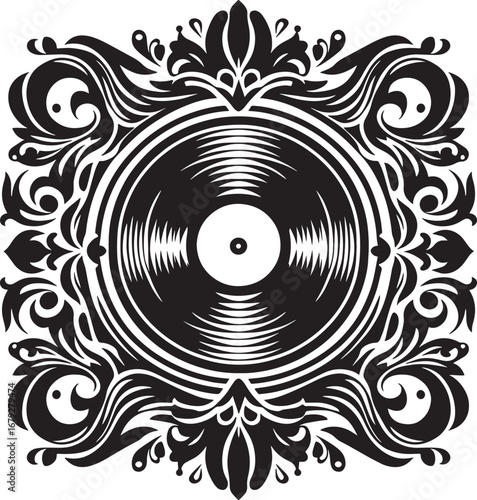 Elegant Black and White Vinyl Record Design with Decorative Floral Frame for Music Lovers