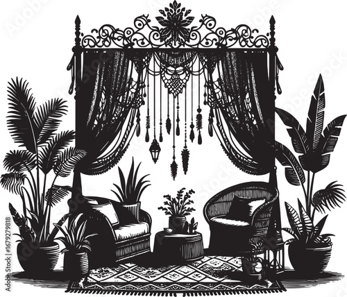 Intricate black and white illustration of bohemian interior design with plants and furniture