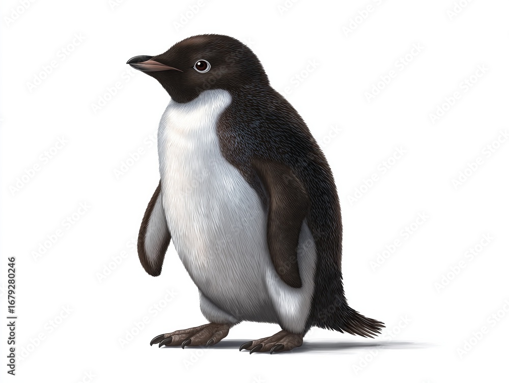 Fototapeta premium Cute penguin illustration standing upright with a glossy black and white plumage, showcasing its adorable features and playful demeanor in a stylized design