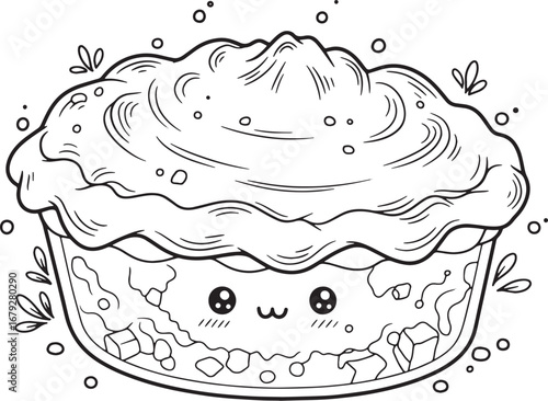 Whimsical Hand-Drawn Cottage Pie Illustration with Cute Kawaii F