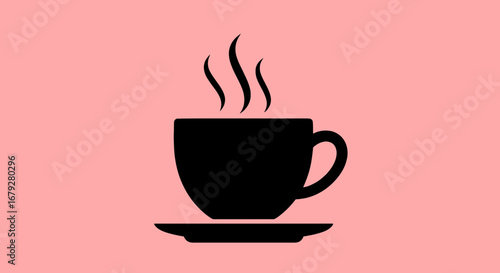 Black silhouette of a steaming coffee cup on a pink background